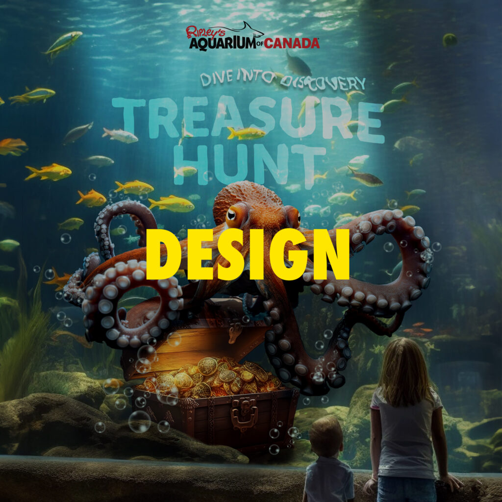 A composite image, of a octopus in the aquarium and two kids watching it.