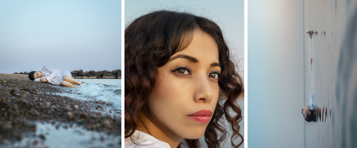 A woman in the beach. The image in the right she is sleeping in the sand, the middle image is a close up of her face, and the left image she is swimming at the lake.